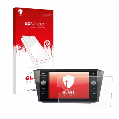 Parte frontal de un envase de producto con el logotipo de la marca upscreen. Al lado se muestra el dispositivo Volkswagen Tigu