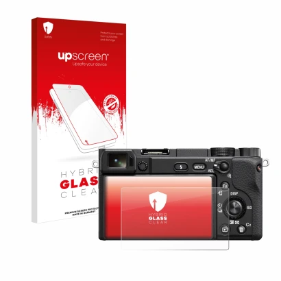 Parte frontal de un envase de producto con el logotipo de la marca upscreen. Al lado se muestra el dispositivo Sony Alpha 6400