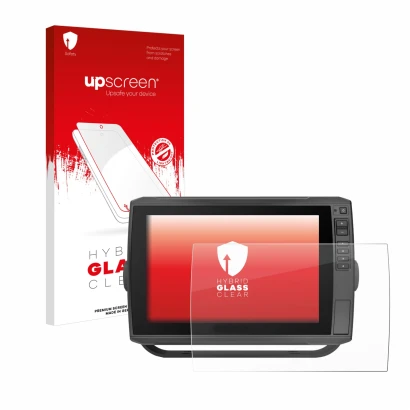 Parte frontal de un envase de producto con el logotipo de la marca upscreen. Al lado se muestra el dispositivo Garmin ECHOMAP 