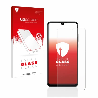 Parte frontal de un envase de producto con el logotipo de la marca upscreen. Al lado se muestra el dispositivo Huawei P30 lite