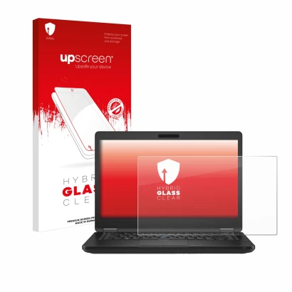 Parte frontal de un envase de producto con el logotipo de la marca upscreen. Al lado se muestra el dispositivo Dell Latitude 5