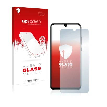 Parte frontal de un envase de producto con el logotipo de la marca upscreen. Al lado se muestra el dispositivo Honor 20 Lite c