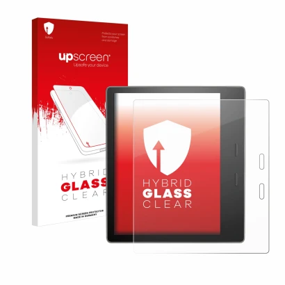 Parte frontal de un envase de producto con el logotipo de la marca upscreen. Al lado se muestra el dispositivo Amazon Kindle O
