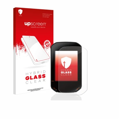 Parte frontal de un envase de producto con el logotipo de la marca upscreen. Al lado se muestra el dispositivo Bryton Rider 42