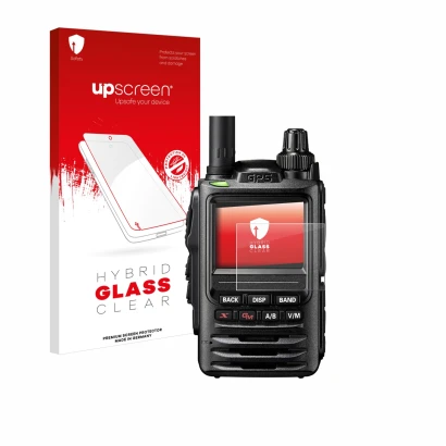 Parte frontal de un envase de producto con el logotipo de la marca upscreen. Al lado se muestra el dispositivo Yaesu FT-3D con