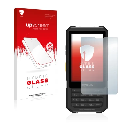 Parte frontal de un envase de producto con el logotipo de la marca upscreen. Al lado se muestra el dispositivo Cyrus CM 17 Hyb