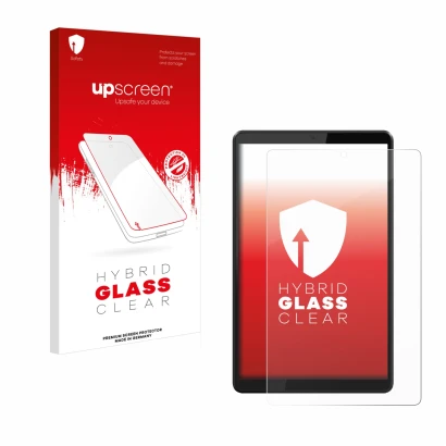 Parte frontal de un envase de producto con el logotipo de la marca upscreen. Al lado se muestra el dispositivo Lenovo Tab M8 c