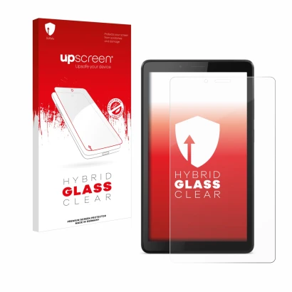Parte frontal de un envase de producto con el logotipo de la marca upscreen. Al lado se muestra el dispositivo Lenovo Tab M7 c