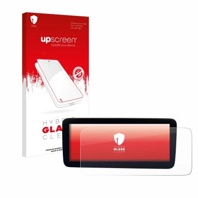 Parte frontal de un envase de producto con el logotipo de la marca upscreen. Al lado se muestra el dispositivo Mercedes-Benz A