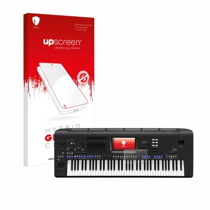 Parte frontal de un envase de producto con el logotipo de la marca upscreen. Al lado se muestra el dispositivo Yamaha Genos co