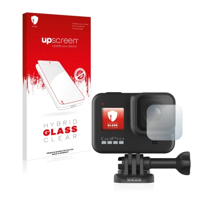 Parte frontal de un envase de producto con el logotipo de la marca upscreen. Al lado se muestra el dispositivo GoPro Hero 8 Bl