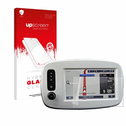 Parte frontal de un envase de producto con el logotipo de la marca upscreen. Al lado se muestra el dispositivo TomTom Smart 45