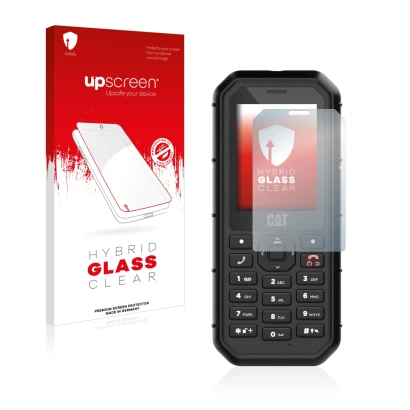 Parte frontal de un envase de producto con el logotipo de la marca upscreen. Al lado se muestra el dispositivo Caterpillar Cat