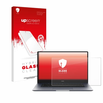 Parte frontal de un envase de producto con el logotipo de la marca upscreen. Al lado se muestra el dispositivo Honor MagicBook