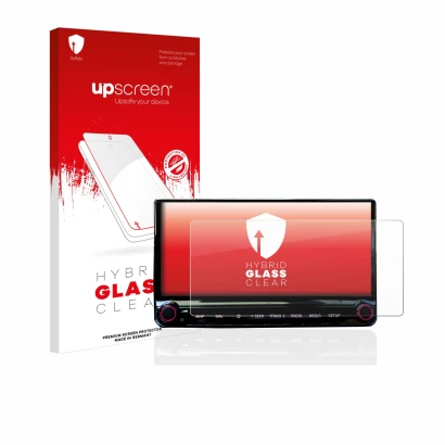 Parte frontal de un envase de producto con el logotipo de la marca upscreen. Al lado se muestra el dispositivo Kia XCeed 2019 