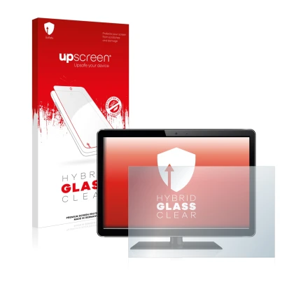 Parte frontal de un envase de producto con el logotipo de la marca upscreen. Al lado se muestra el dispositivo con su protecto