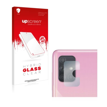 Parte frontal de un envase de producto con el logotipo de la marca upscreen. Al lado se muestra el dispositivo Samsung Galaxy 