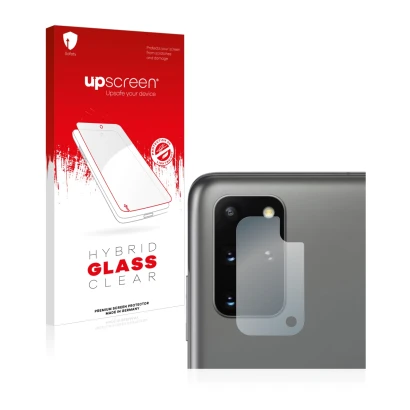 Parte frontal de un envase de producto con el logotipo de la marca upscreen. Al lado se muestra el dispositivo Samsung Galaxy 