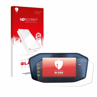 Parte frontal de un envase de producto con el logotipo de la marca upscreen. Al lado se muestra el dispositivo KTM 890 Duke R 