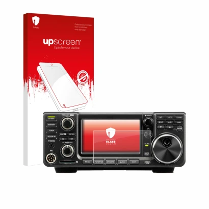 Parte frontal de un envase de producto con el logotipo de la marca upscreen. Al lado se muestra el dispositivo Icom IC-9700 co
