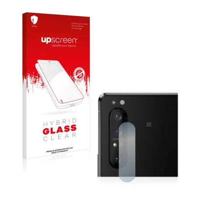 Parte frontal de un envase de producto con el logotipo de la marca upscreen. Al lado se muestra el dispositivo Sony Xperia 1 I
