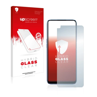 Parte frontal de un envase de producto con el logotipo de la marca upscreen. Al lado se muestra el dispositivo realme 6 con su