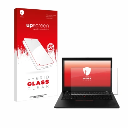 Parte frontal de un envase de producto con el logotipo de la marca upscreen. Al lado se muestra el dispositivo Lenovo ThinkPad