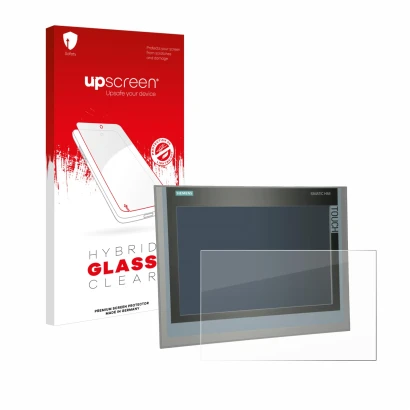 Parte frontal de un envase de producto con el logotipo de la marca upscreen. Al lado se muestra el dispositivo Siemens Simatic