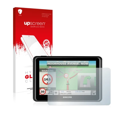 Parte frontal de un envase de producto con el logotipo de la marca upscreen. Al lado se muestra el dispositivo Snooper Truckma