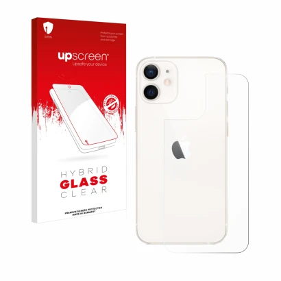 Parte frontal de un envase de producto con el logotipo de la marca upscreen. Al lado se muestra el dispositivo Apple iPhone 12