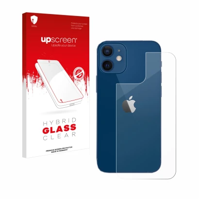 Parte frontal de un envase de producto con el logotipo de la marca upscreen. Al lado se muestra el dispositivo Apple iPhone 12
