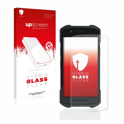 Parte frontal de un envase de producto con el logotipo de la marca upscreen. Al lado se muestra el dispositivo Zebra TC21 con 