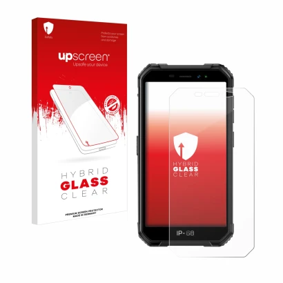 Parte frontal de un envase de producto con el logotipo de la marca upscreen. Al lado se muestra el dispositivo Ulefone Armor X