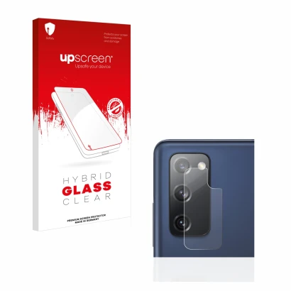 Parte frontal de un envase de producto con el logotipo de la marca upscreen. Al lado se muestra el dispositivo Samsung Galaxy 