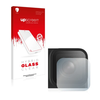 Parte frontal de un envase de producto con el logotipo de la marca upscreen. Al lado se muestra el dispositivo GoPro Hero 9 Bl