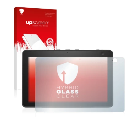 Parte frontal de un envase de producto con el logotipo de la marca upscreen. Al lado se muestra el dispositivo Amazon Echo Sho