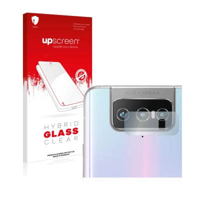 Parte frontal de un envase de producto con el logotipo de la marca upscreen. Al lado se muestra el dispositivo ASUS Zenfone 7