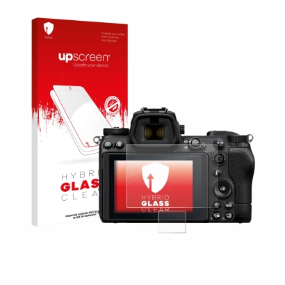 Parte frontal de un envase de producto con el logotipo de la marca upscreen. Al lado se muestra el dispositivo Nikon Z 6 II co