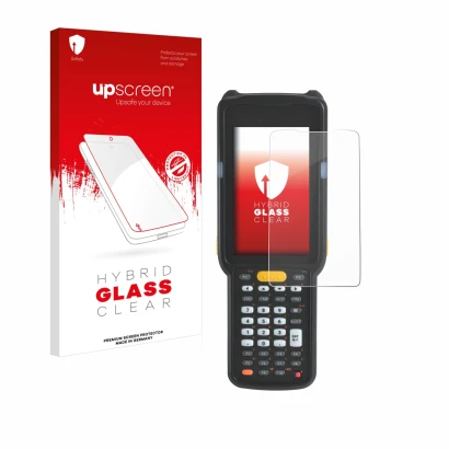 Parte frontal de un envase de producto con el logotipo de la marca upscreen. Al lado se muestra el dispositivo Zebra MC330L co