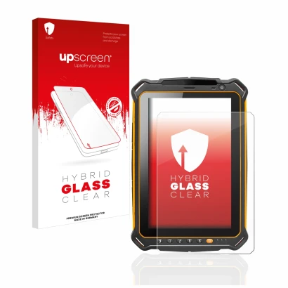 Parte frontal de un envase de producto con el logotipo de la marca upscreen. Al lado se muestra el dispositivo i.safe MOBILE I