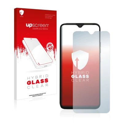 Parte frontal de un envase de producto con el logotipo de la marca upscreen. Al lado se muestra el dispositivo Gigaset GS4 con