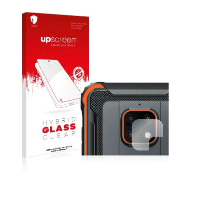 Parte frontal de un envase de producto con el logotipo de la marca upscreen. Al lado se muestra el dispositivo Blackview BV490