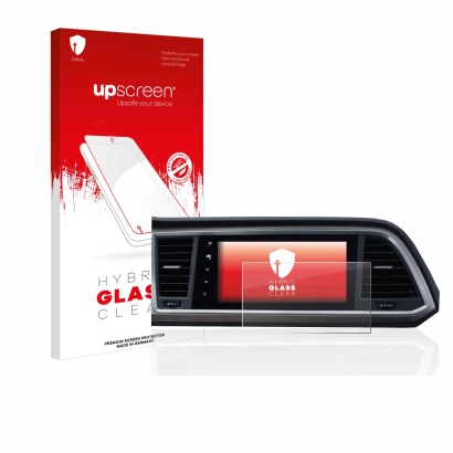 Parte frontal de un envase de producto con el logotipo de la marca upscreen. Al lado se muestra el dispositivo Seat Ateca Styl