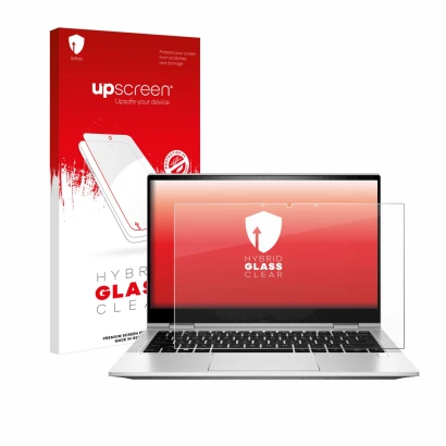 Parte frontal de un envase de producto con el logotipo de la marca upscreen. Al lado se muestra el dispositivo HP EliteBook x3