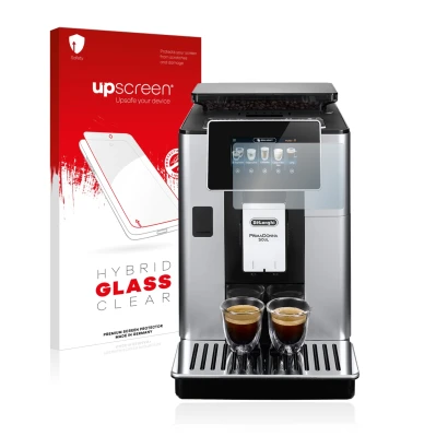 Parte frontal de un envase de producto con el logotipo de la marca upscreen. Al lado se muestra el dispositivo DeLonghi PrimaD