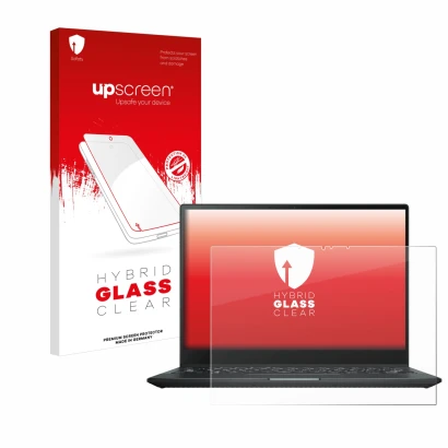 Parte frontal de un envase de producto con el logotipo de la marca upscreen. Al lado se muestra el dispositivo ASUS Rog Flow X