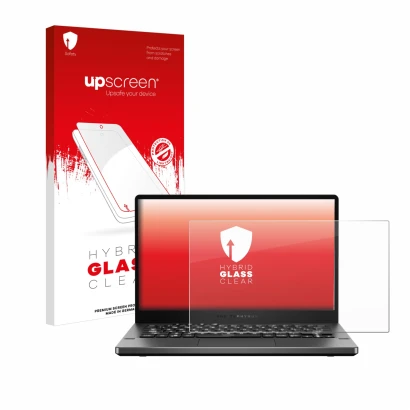 Parte frontal de un envase de producto con el logotipo de la marca upscreen. Al lado se muestra el dispositivo ASUS ROG Zephyr