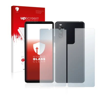 Parte frontal de un envase de producto con el logotipo de la marca upscreen. Al lado se muestra el dispositivo Sony Xperia 10 