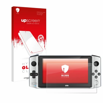 Parte frontal de un envase de producto con el logotipo de la marca upscreen. Al lado se muestra el dispositivo GPD Win 3 con s