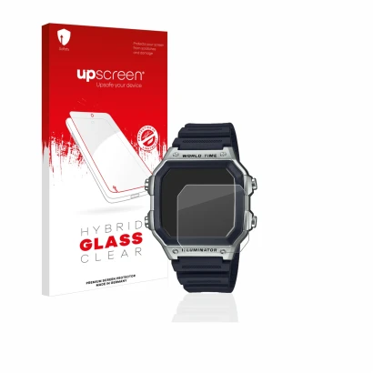 Parte frontal de un envase de producto con el logotipo de la marca upscreen. Al lado se muestra el dispositivo Casio AE-1200WH